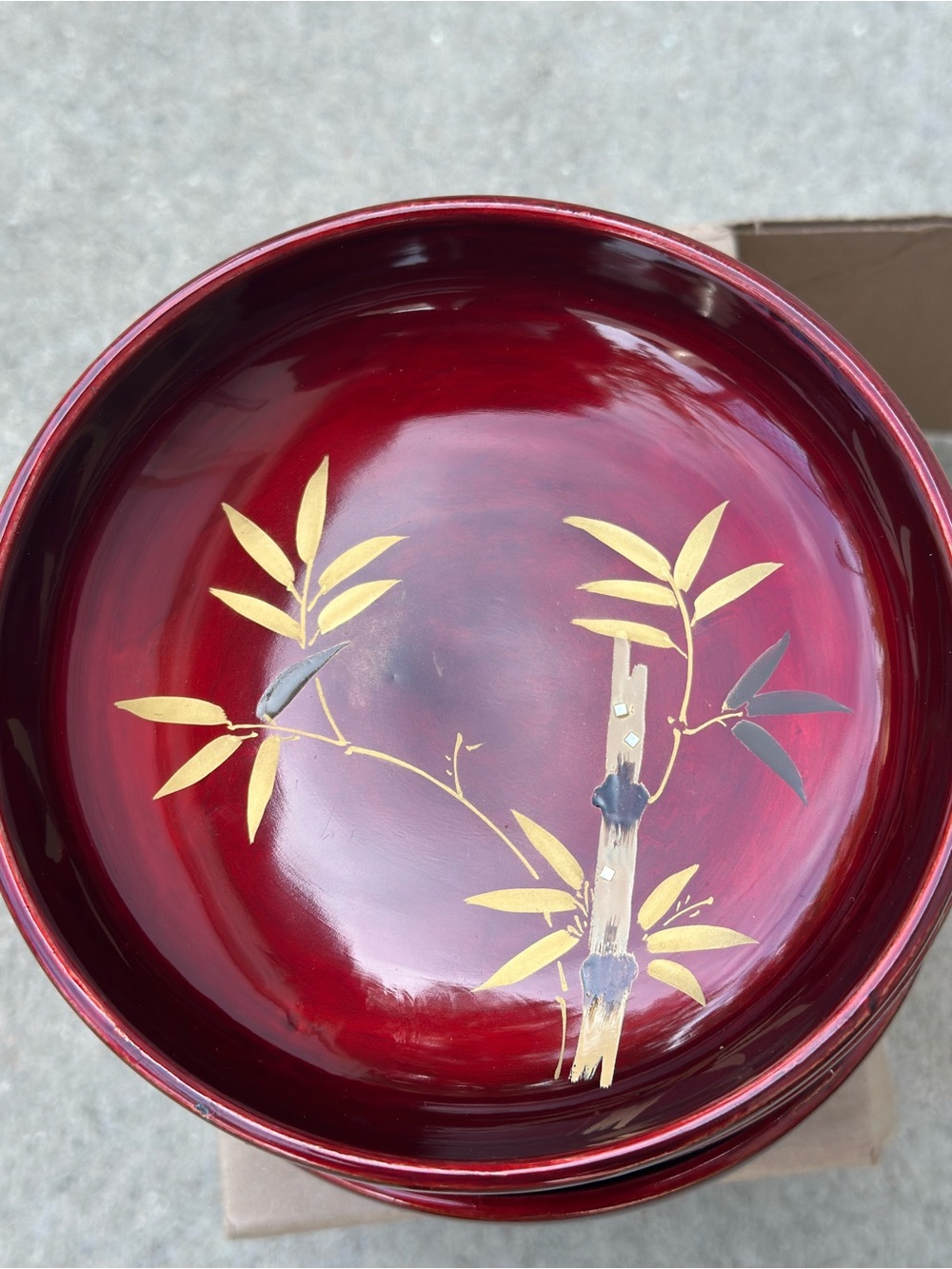 Set of 5 Japanese Red Lacquerware Bowls with Gold Bamboo Design
